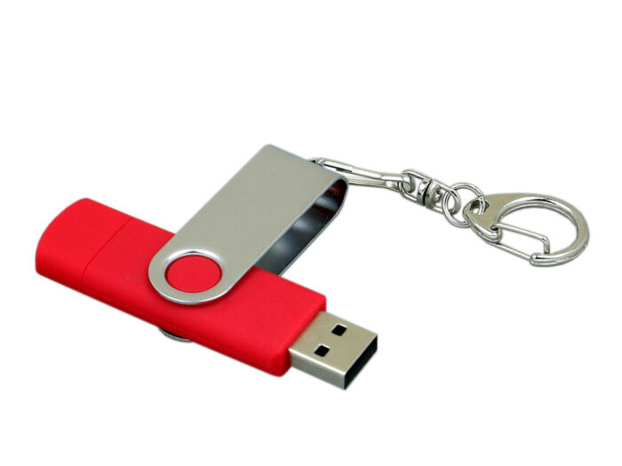 USB 2.0- флешка на 64 Гб с поворотным механизмом и дополнительным разъемом Micro USB, красный/серебристый