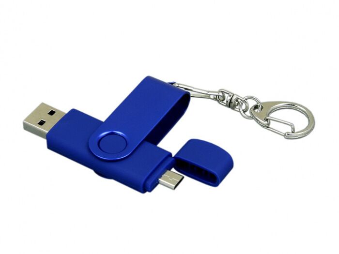 USB 2.0- флешка на 16 Гб с поворотным механизмом и дополнительным разъемом Micro USB, синий