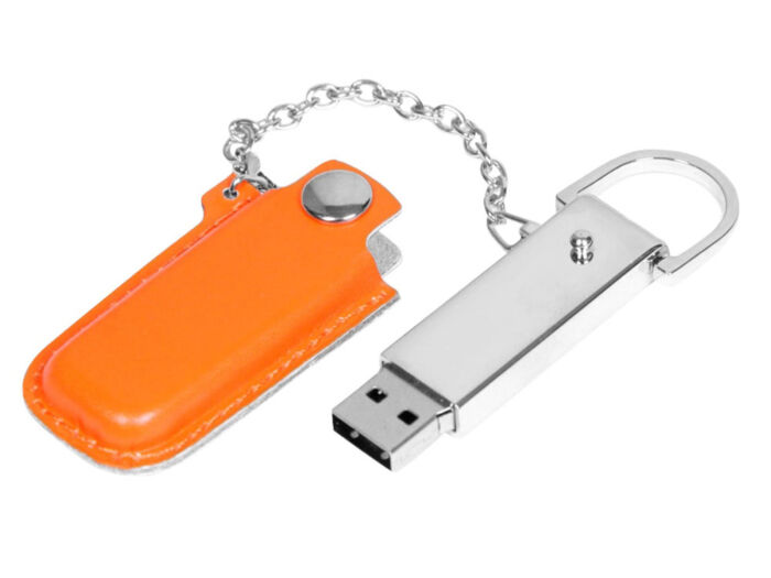 USB 2.0- флешка на 8 Гб в массивном корпусе с кожаным чехлом, оранжевый/серебристый