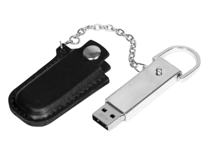 USB 2.0- флешка на 64 Гб в массивном корпусе с кожаным чехлом, черный/серебристый