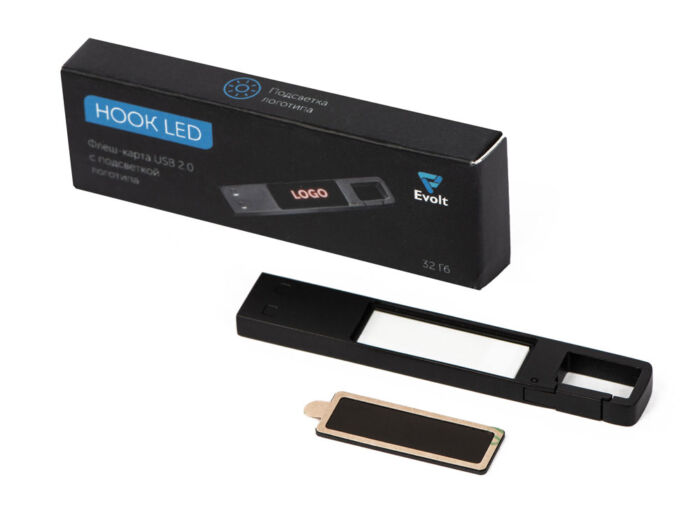 USB 2.0- флешка на 32 Гб c подсветкой логотипа Hook LED, темно-серый, красная подсветка