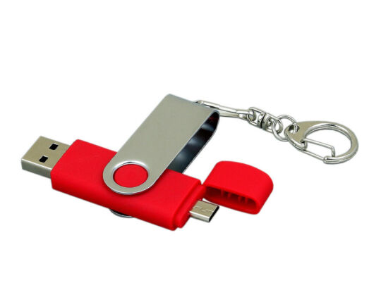 USB 2.0- флешка на 64 Гб с поворотным механизмом и дополнительным разъемом Micro USB, красный/серебристый