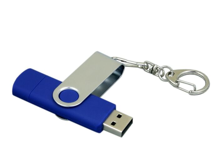 USB 2.0- флешка на 16 Гб с поворотным механизмом и дополнительным разъемом Micro USB, синий/серебристый