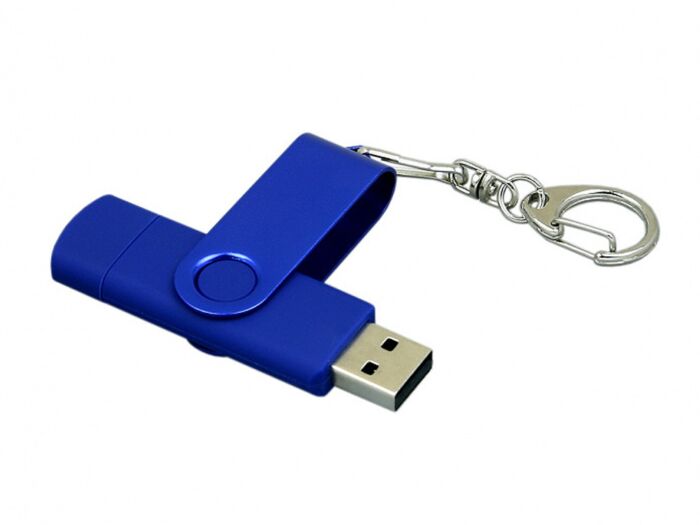 USB 2.0- флешка на 16 Гб с поворотным механизмом и дополнительным разъемом Micro USB, синий